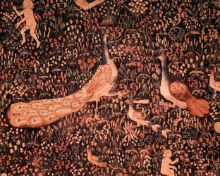 The curtain of Seigneurial Life: detail depicting birds and a peacock. Wool and silk tapestry made around 1520 in the Netherlands. 2.6 x 3.7 m, Paris, National Museum of the Middle Ages, Thermes de Cluny