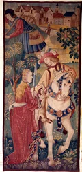 The return of the hunt. A gentleman offers game to a young lady