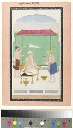 Ranjit Singh seated on a gold chair, attended by a morchal-bearer and served