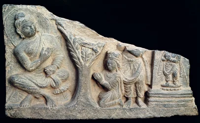 Detail of a relief frieze depicting a seated Buddha with orants, Greco-Buddhist style, from Taxila, Pakistan