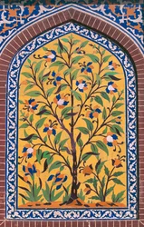 Flowering tree, Majolica decoration, Wazir Khan Mosque, Lahore, Punjab, Pakistan