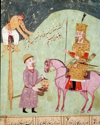 Islamic art: An enemy is impaled and decapitated. Persian miniature from a manuscript of the epic poem "Shahnameh" (Shah Nama, Shahnama) (Book of Kings) by Ferdowsi (Firdawsi, or Ferdawsi, or Firdousi, ca. 940-around 1020). Biblioteca Nazionale, Naples