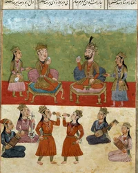Islamic art: concert and entertainment in a harem. Persian miniature from a manuscript of the epic poem “Shahnameh” (Shah Nama, Shahnama) (Book of Kings) by Ferdowsi (Firdawsi, Ferdawsi, or Firdousi, ca. 940-around 1020), Biblioteca Nazionale, Naples