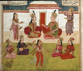 Islamic art: concert and entertainment in a harem. Persian miniature from a manuscript of the epic poem “Shahnameh” (Shah Nama, Shahnama) (Book of Kings) by Ferdowsi (Firdawsi, Ferdawsi, or Firdousi, ca. 940-around 1020). Biblioteca Nazionale, Naples