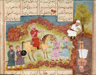 Islamic art: scene of torture of an enemy, burying alive at the foot of a tree. Persian miniature from a manuscript of the epic poem “Shahnameh” (Book of Kings) by Ferdowsi (ca. 940-around 1020)