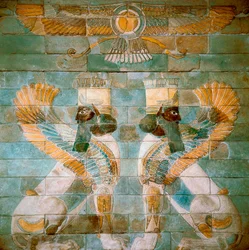 Persian Art Rouenid: Two Androcephalous Sphinxes (or Lions) Under Ahura Mazda, Deity of Zoroastrianism. From Susa, Iran