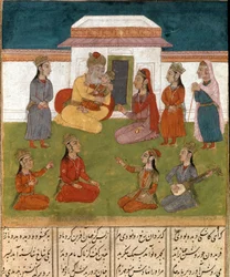 Persian miniature harem scene from a manuscript of the epic poem “Shahnameh” (Shah Nama, Shahnama) (Book of Kings) by Ferdowsi (Firdawsi, Ferdawsi, or Firdousi, ca. 940-around 1020), Biblioteca Nazionale, Naples