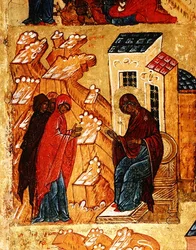 Icon depicting the Virgin selecting the most honoured colours of cloth (detail)