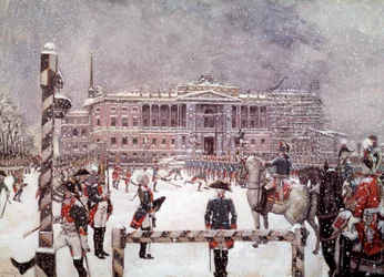 Military parade in front of the Mikhailovsk Palace in the presence of Paul I, Russian emperor