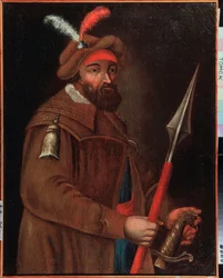 Portrait of the Cossack leader Yermak Timofeyevich (born between 1532 and 1542-1585), conqueror of Siberia. Anonymous painting, early 18th century. State Art Museum, Tomsk (Russia).