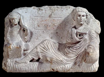 Burial relief in limestone of Taime and his wife from Palmyra, 200 AD