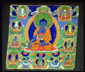 Thangka Painting Showing The Buddha of Medicine, Bhaishajyaguru (Menla) Tibetan
