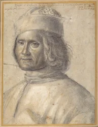 Bust-length portrait of a bearded man in a cap, holding a book against his chest, late 15th to early 16th century