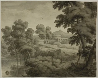 Italianate Landscape with Castle, Trees and Water in Foreground