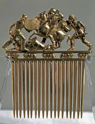 Scythian art: gold comb decorated with scenes of battles with Scythian warriors. From the tumulus of Solokha in Russia (today Ukraine). 5th-4th century BC. Hermitage Museum, Saint Petersburg