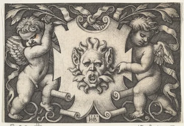 A Mask on an Escutcheon Supported by Two Genii