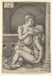 Cimon seated against a column at right, suckling from Pero who is kneeling next to him