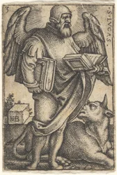 Saint Luke with his head turned in profile to the right, a book in each hand