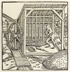 Mining with water wheel, from 1550 edition of Cosmographia by Sebastian Munster