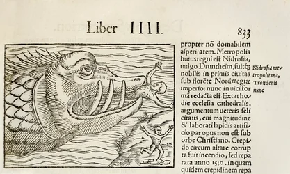 Monstrous whale devouring humans, from 1550 edition of Cosmographia by Sebastian Munster