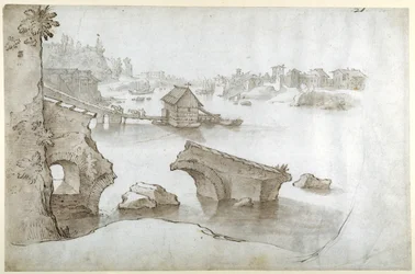 A Tiber view with the ruins of the Ponte Rotto, the Marmorata and the Ripa Grande