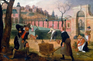 Gardeners at Work in a Formal Garden on the Outskirts of a City. Painting by Sebastian Vrancx. Private Collection.
