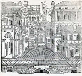 Magic scene, theatrical scene design by Sebastiano Serlio (1475-1554), illustration from Treatise on Architecture, Book II