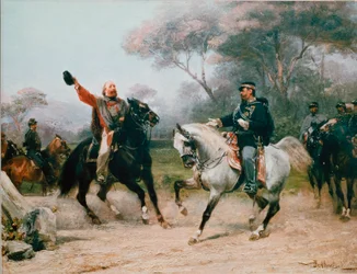 Giuseppe Garibaldi (1807-1882) meets Vittorio Emanuele II (Victor Emmanuel) (Victor-Emmanuel) from Savoy in Teano on 26/10/1860. Painting by Sebastiano De Albertis (1828-1897), 19th century, Milan, Museo del Risorgimento