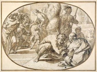 A Queen distributing alms to a crippled beggar in the temple at Jerusalem, early 17th century