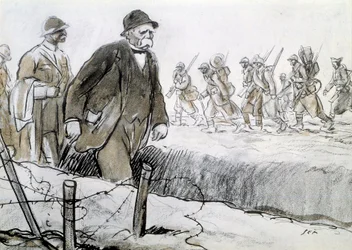 First World War: Portrait of Clemenceau (1841-1929) in a Casing Visiting the Front. Drawing by Georges Goursat dit Sem