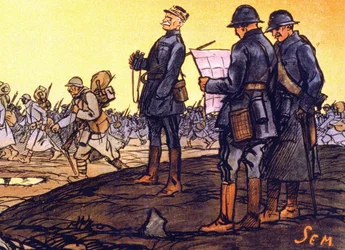 General Ferdinand Foch (1851 - 1929) watching his troops marching through the battlefield. Detail of a poster for the national loan "For the last quarter of an hour... help me! National Loan subscriptions are received by Sem"