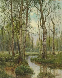 A Stream Running Through a Birch Wood