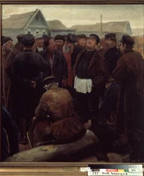 At The Country Community Meeting. Group of Russian Peasants in Front of Farms