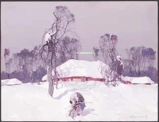 Old Lady Collecting Wood in the Snow