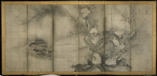 Willow, Egrets in Plum and Willow, Six-panel folding screen