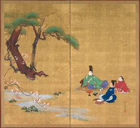Narihira Viewing the Cherry Blossoms, Two-Panel Folding Screen, Late 1800s