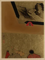 Three Men Looking at Framed Lacquer Drawing