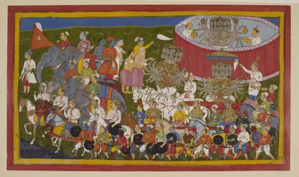 Ravana Readies for Battle in Golden Armour, Saluted by Attendants