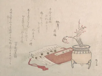 Potted Plum Tree in Blossom and Books, 19th Century