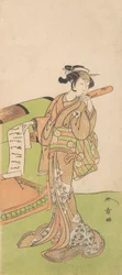 The Actor Iwai Hanshiro IV in Female Role, Standing Beside a Litter
