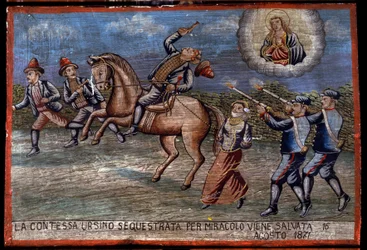 Ex-voto Sicilian: The Abducted Countess Ursino Has Just Been Saved by Miracle on 16/08/1871. Representation of a Brigandage: The Three Robbers Are Abducting the Countess While the Carabinieri Shoot at Them