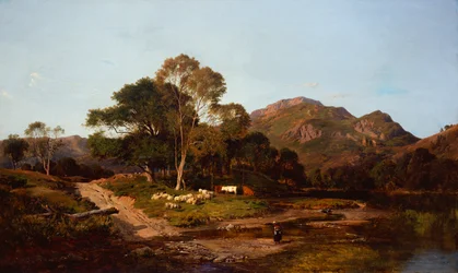 A Milkmaid Crossing A Ford with Sheep and Cattle Beyond