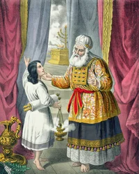 Eli Questioning Samuel Regarding the Vision, from a bible printed by Edward Gover