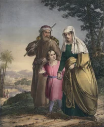 Jesus returning with his parents to Nazareth (coloured engraving)