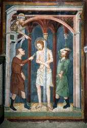 The Flogging (Fresco of the school of Siena, 14th century, Superior Church, Monastery of Saint Benedetto)