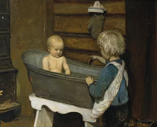 Children playing in a washtub