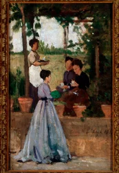 Italian ladies drinking coffee under the pergola