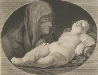 The Virgin in prayer, looking at the sleeping infant Christ, in an oval frame, after Reni