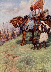 The Lionheart seated on horseback, by his side stood the Nubian slave, holding a hound in leash, illustration from 