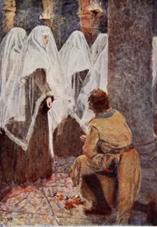 The Scottish Knight on one knee watched as the veiled nuns walked past, illustration for 